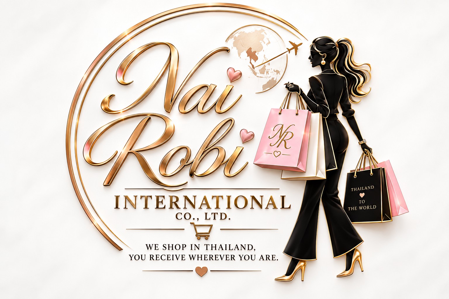 Nai Robi International Co., Ltd. — gold logo with a shopper carrying pink and black bags.